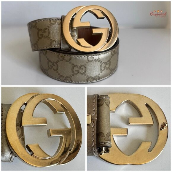 Authentic Gucci Cream Guccissima Leather Gold Interlocking G Buckle Belt 85/34 - Picture 2 of 13